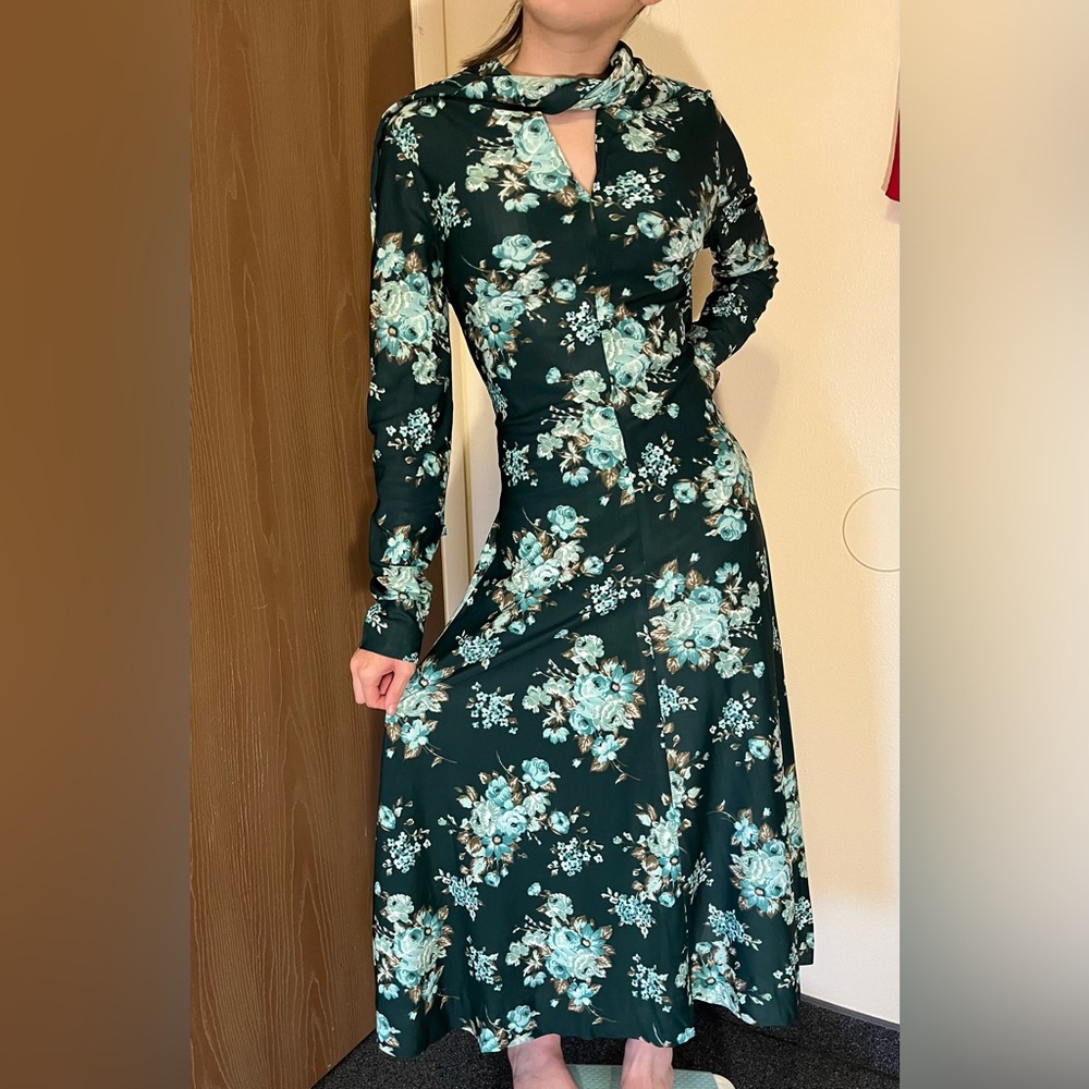 Vtg Handmade Draped Midi Floral Long Sleeve Dress Forest Green scarf long collar
